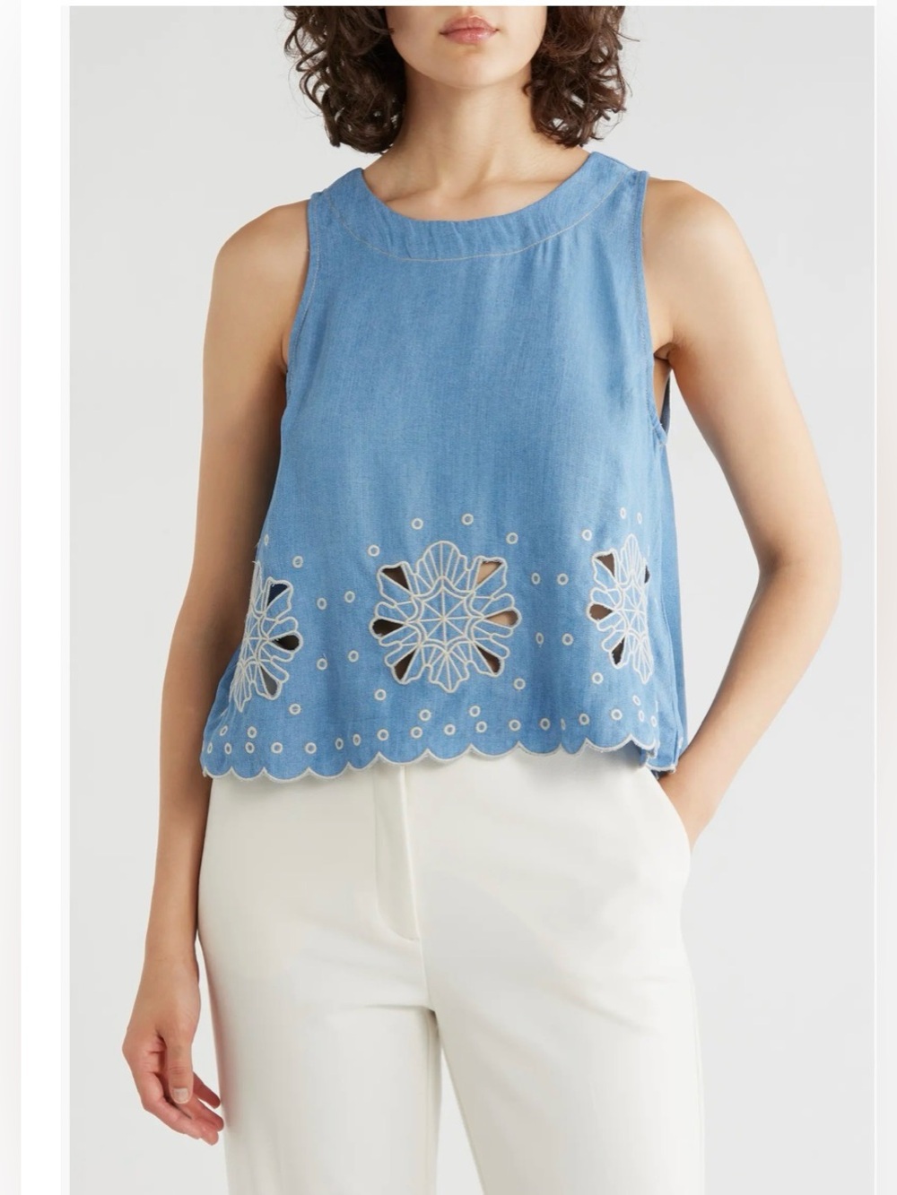 NWT T Tahari Nordstrom Embroidered Eyelet Hem Chambray Shell Top , size 1X